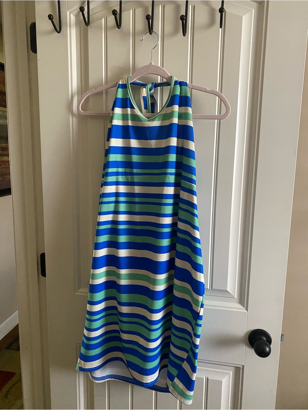 Striped Sleeveless Halter Dress in Blue, Green & White